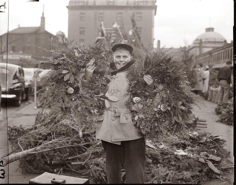 #6 Selling wreaths at Quincy Market in downtown Boston, 1954.
