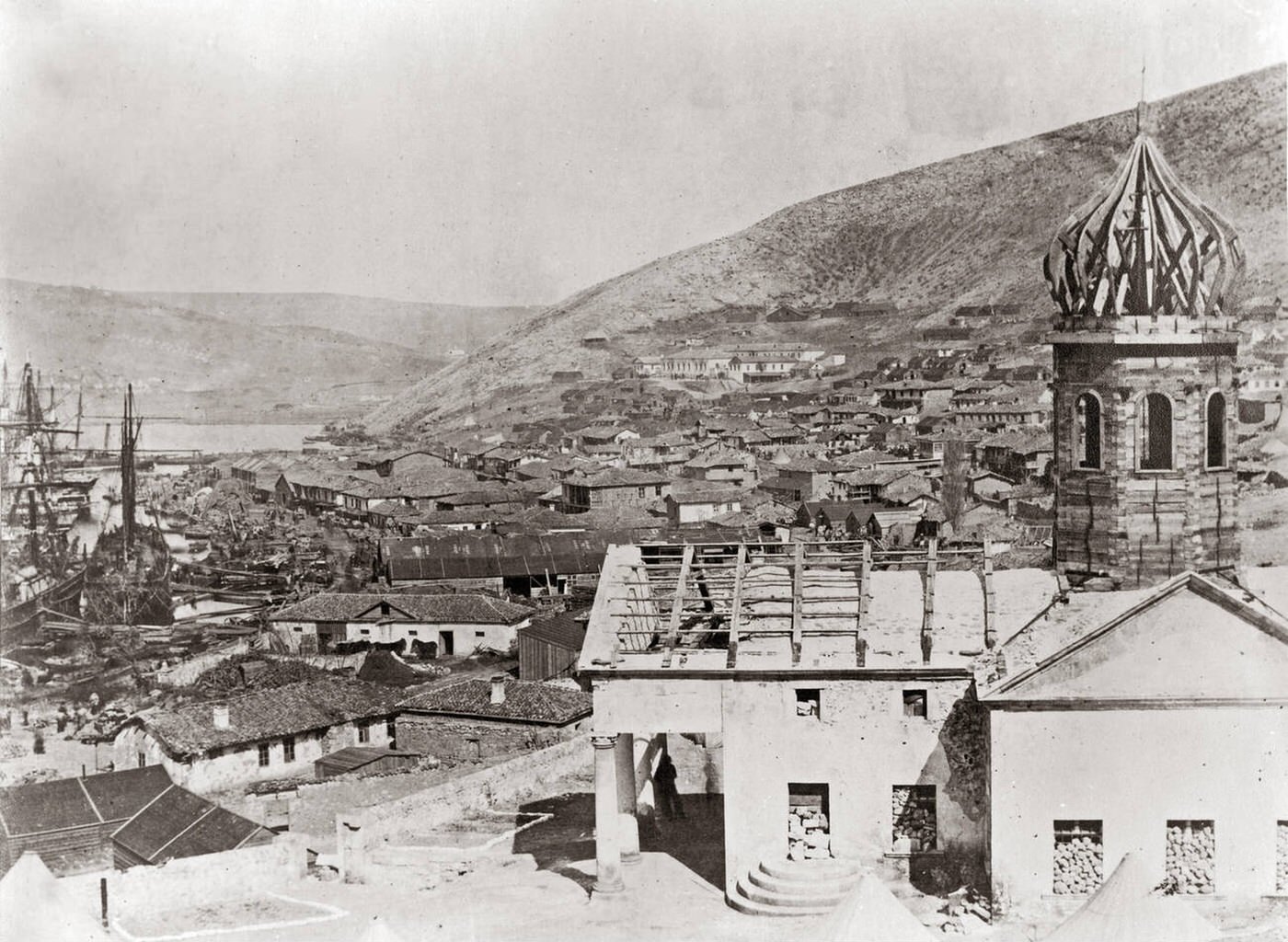 #44 The Russian Church and town of Balaclava during the Crimean War, 1850s.