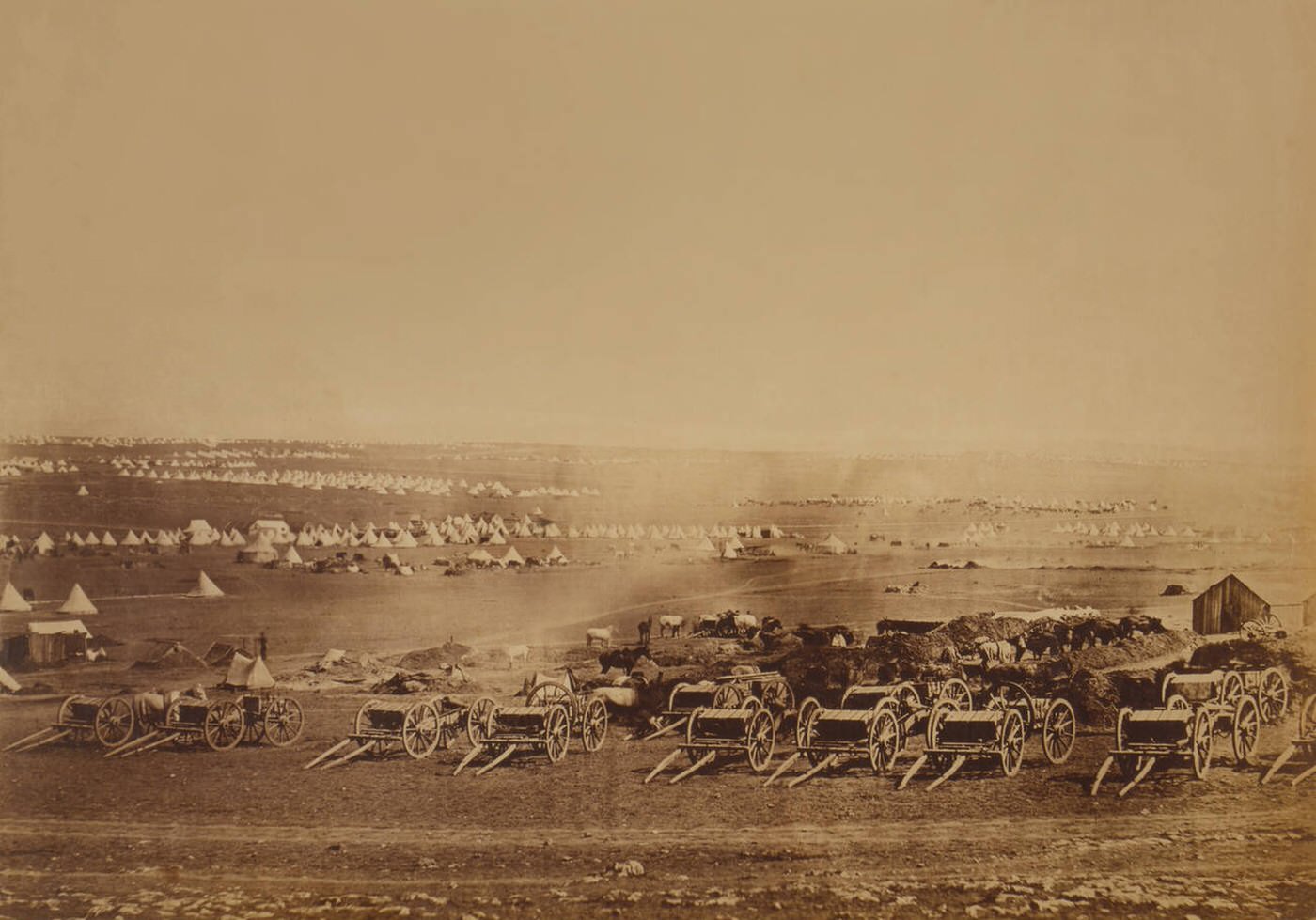 #48 Caissons with British military tents in the background during the Crimean War, 1855.