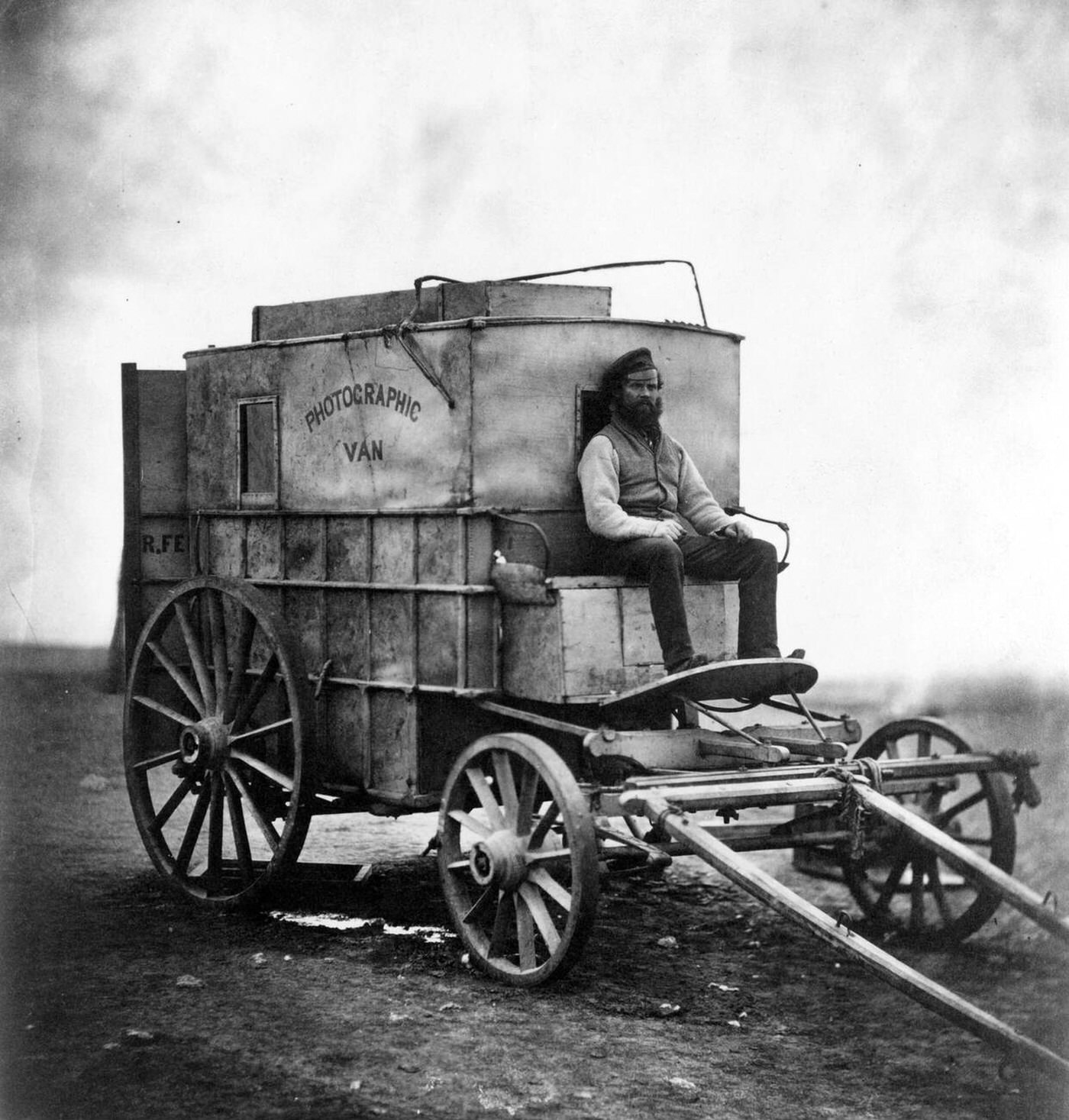 Roger Fenton’s photographic darkroom on wheels used in the Crimean War; his assistant, Marcus Sparling, is pictured, 1850s.
