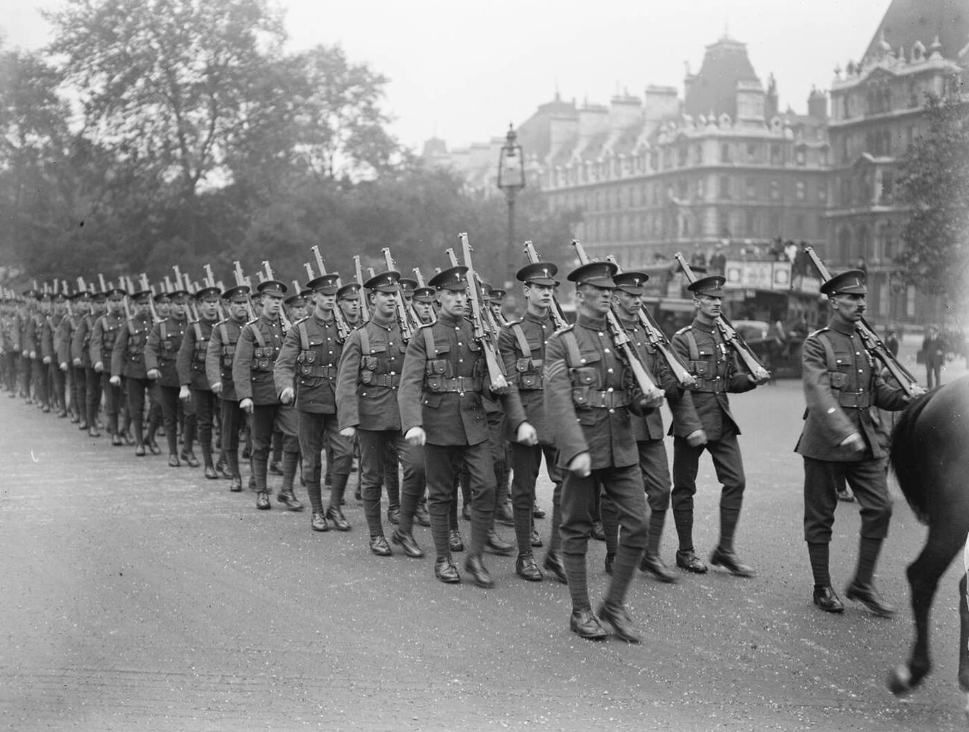 #36 A company of the Welsh Guard on their way to Hyde Park for the Trooping of the Colours ceremony, 1920.