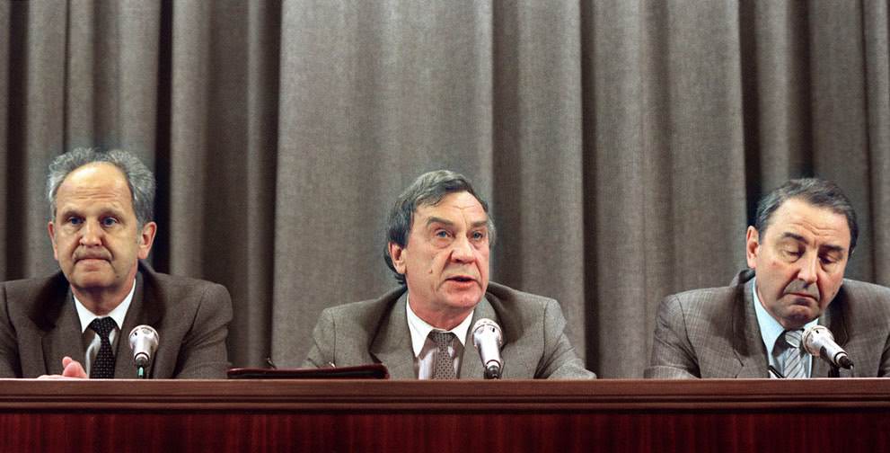 #19 The leaders of the August Coup give a press conference in Moscow, 1991.