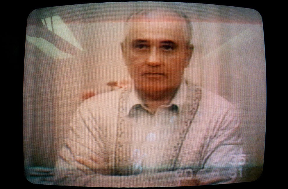 #23 Soviet President Mikhail Gorbachev speaks in a video message during his captivity, 1991.