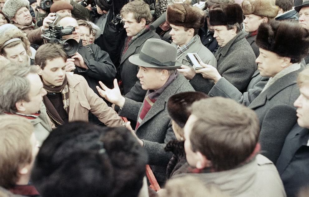 #4 Soviet President Mikhail Gorbachev talks with residents of Vilnius, Lithuania, 1990.