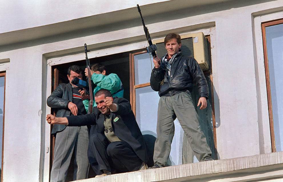 #41 A Chechen secessionist celebrates the pullout of Soviet troops from Grozny, 1991.
