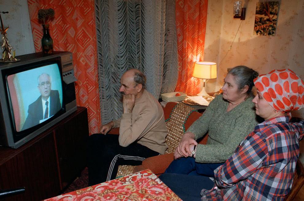 #43 The Musichick family watches Soviet President Mikhail Gorbachev’s resignation speech on television in Moscow, 1991.