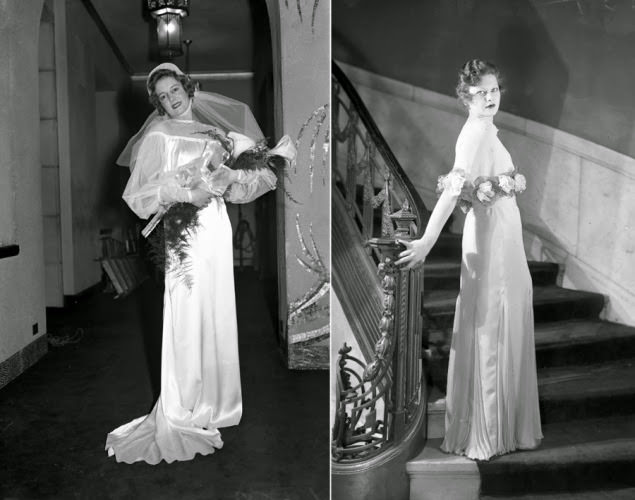 #22 1930s glam! Diane Beauchamp wears a white satin wedding gown in a fashion show in 1935 (l.), while Gilda Farrell models a gray chiffon night dress in 1933 (r.).
