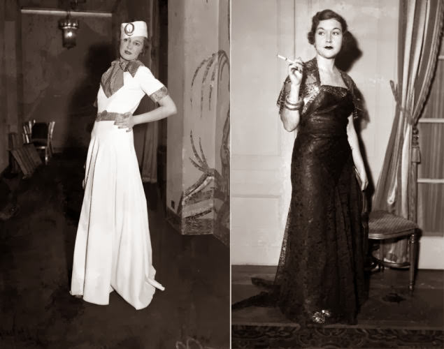 #3 Ahoy matey! Model Diane Beauchamp wears a sailor-inspired white pique dress at a 1935 fashion show (l.), while a 1933 model goes for a darker look in a sequin-trimmed dress in 1933 (r.).