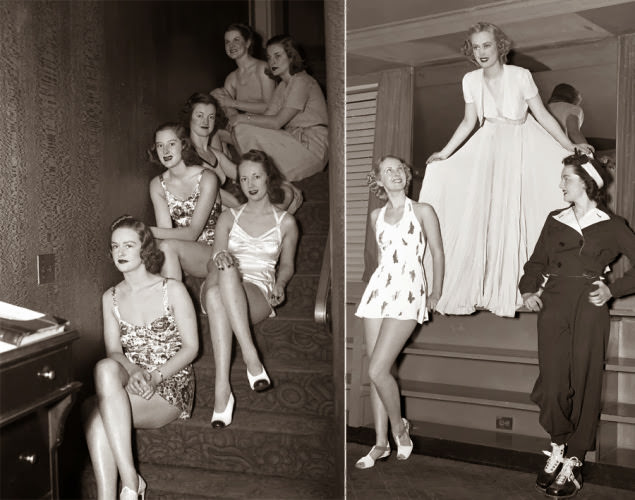 #13 No skimpy two-pieces here! Models in 1939 show off the swimsuit style of the day (l.), while three models each display different looks in 1938 (r.).
