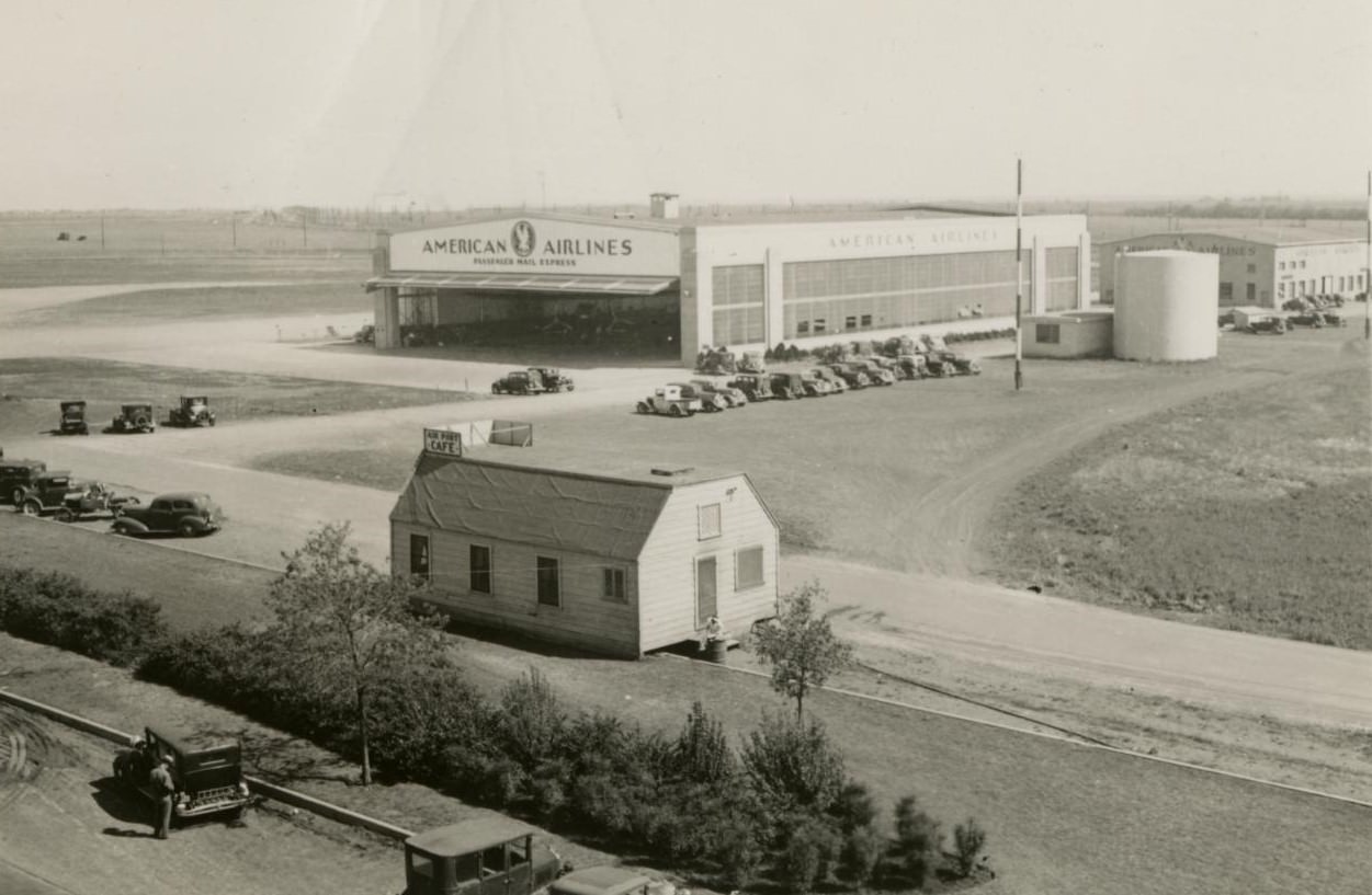 #100 An American Airlines hangar and airport cafe at Meacham Field Airport, Fort Worth, Texas, 1936.