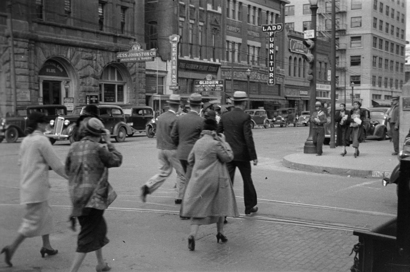 #77 Individuals crossing a busy street in downtown Fort Worth, Texas, 1937.