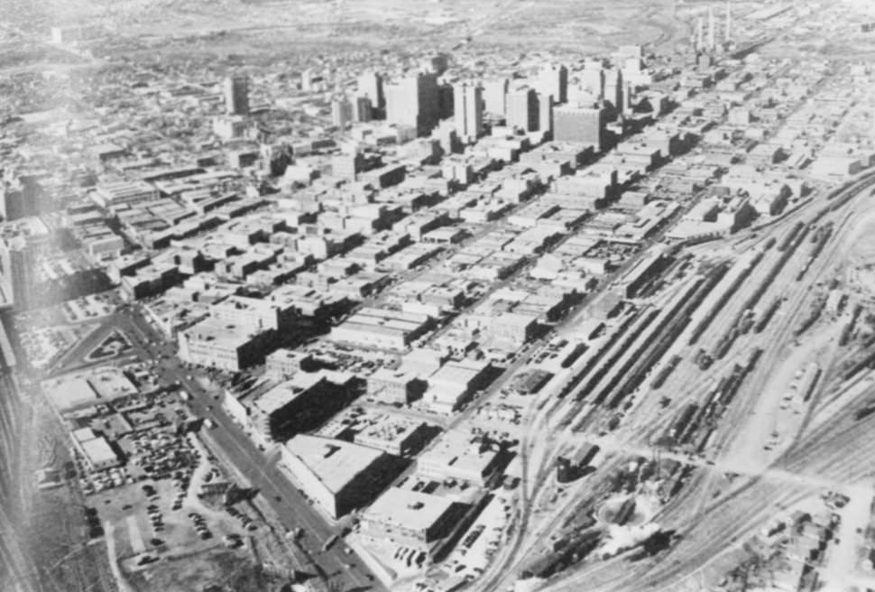 #38 An aerial photograph of downtown Fort Worth, Texas, bordered by Lancaster Avenue, 1950.