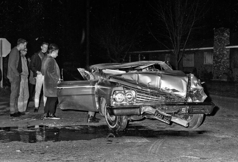 A 1962 Chevrolet Impala, single car roll-over accident in about 1965 in east Fresno, California