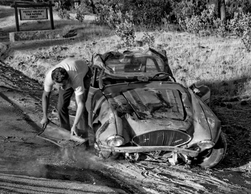 This Austin Healey 100 lost it while trying to keep up with my Triumph TR-4 coming down Fresno County’s infamous Tollhouse Grade back in 1966. Thanks to a roll bar and a seatbelt the driver received only minor injuries