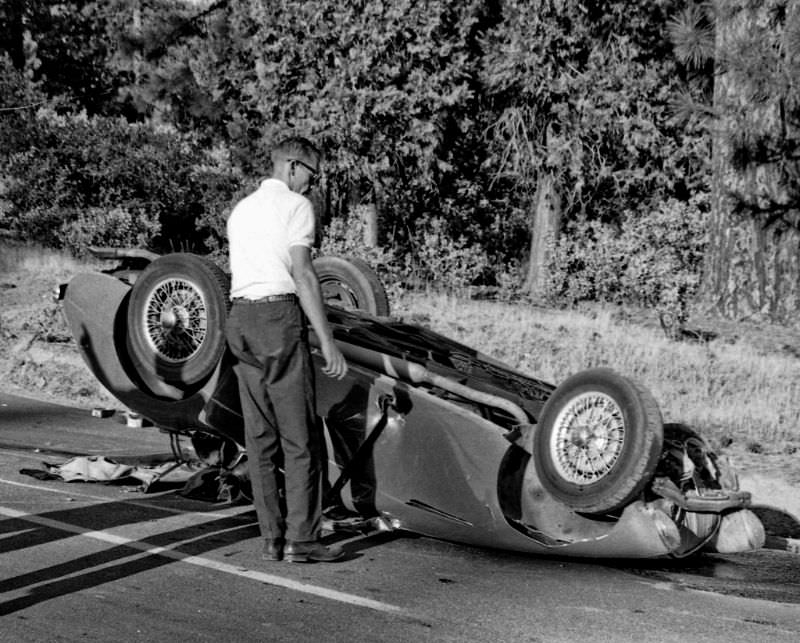 This Austin Healey 100 lost it while trying to keep up with my Triumph TR-4 coming down Fresno County’s infamous Tollhouse Grade back in 1966. Thanks to a roll bar and a seatbelt the driver received only minor injuries