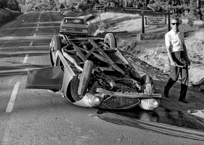 This Austin Healey 100 lost it while trying to keep up with my Triumph TR-4 coming down Fresno County’s infamous Tollhouse Grade back in 1966. Thanks to a roll bar and a seatbelt the driver received only minor injuries
