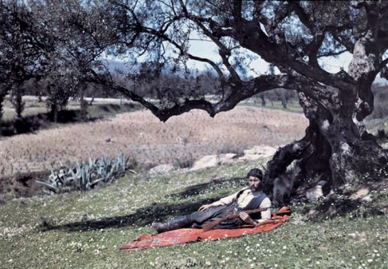 A hunter lies under an olive tree on the island of Crete.