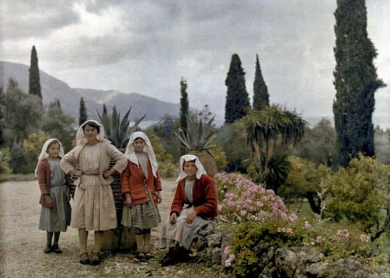 Women and girls in the garden of a country home, Deka, Corfu.