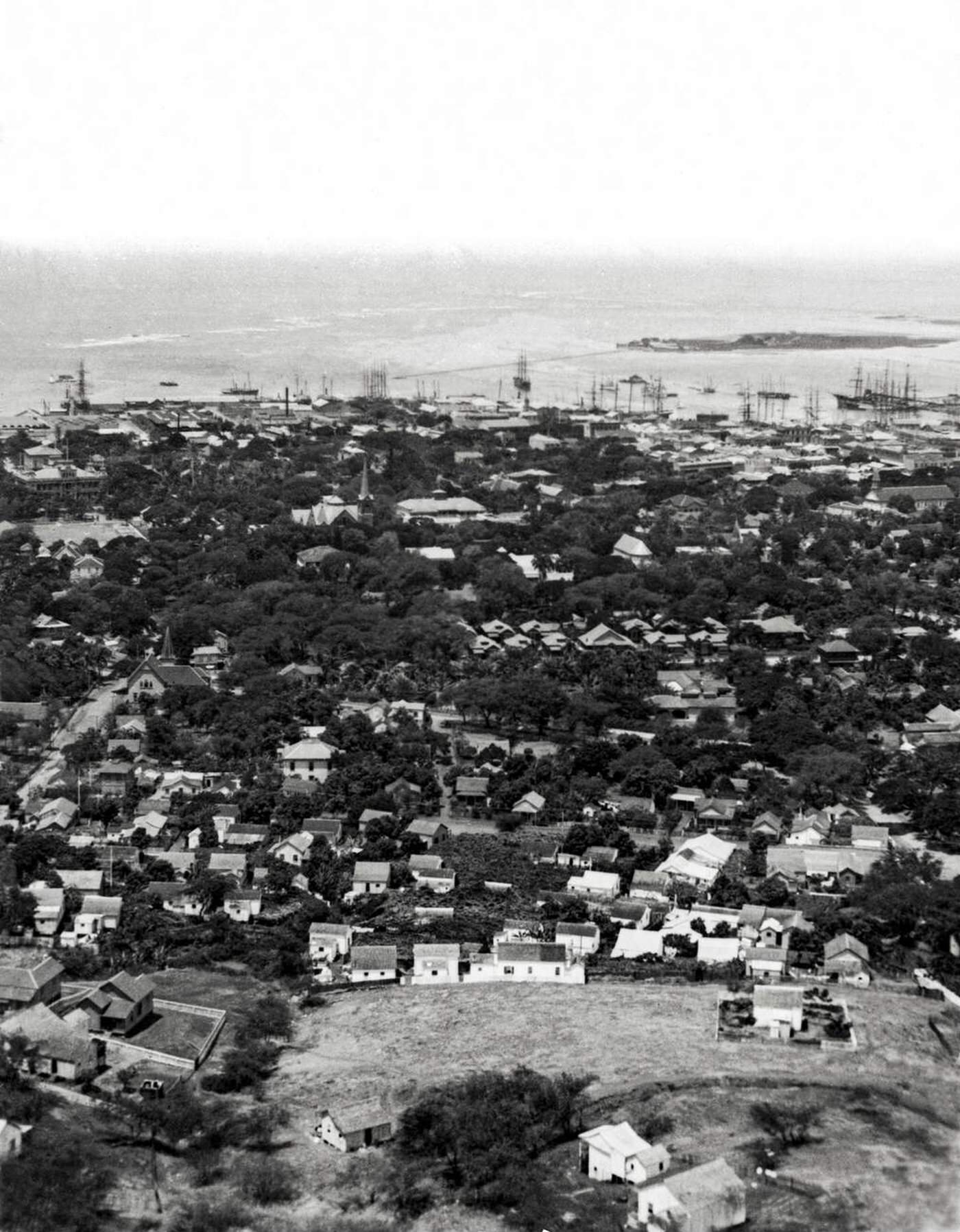 #49 Overlooking Pacific Heights and the city of Honolulu from Punch Bowl mountain in Oahu, Hawaii, 1900.