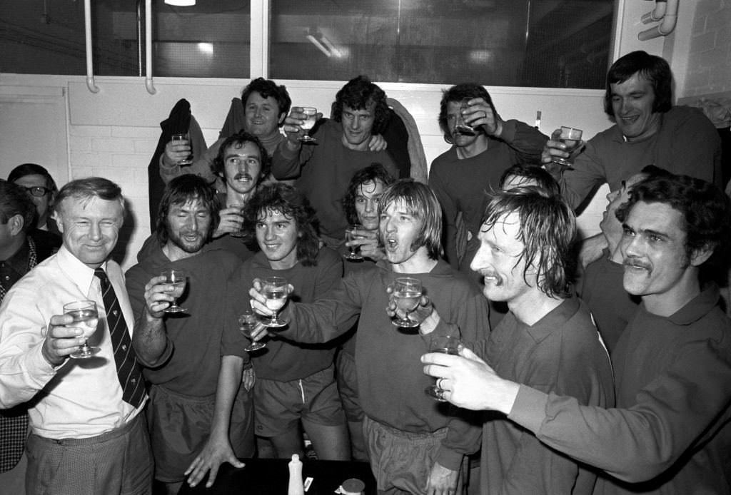 Liverpool’s Chris Lawler, Ian Callaghan, and Tommy Smith celebrating, 1973.