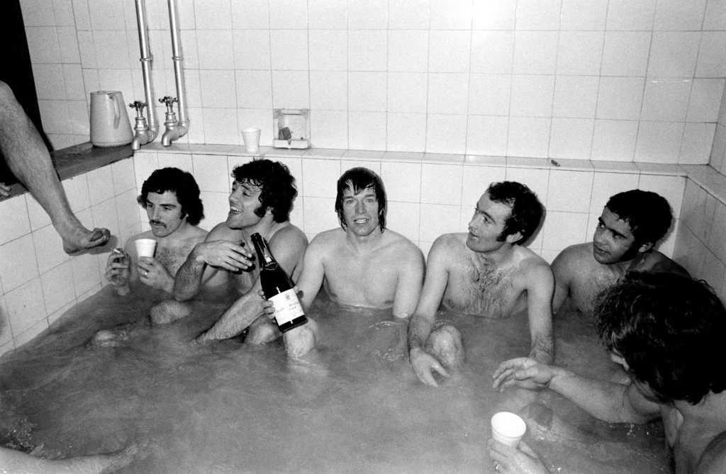Manchester City’s Dennis Tueart celebrating victory, 1976.