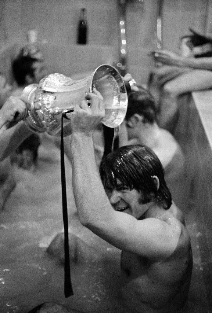#7 Everton’s Brian Labone and Alan Ball toasting their Football League Championship victory, 1970.