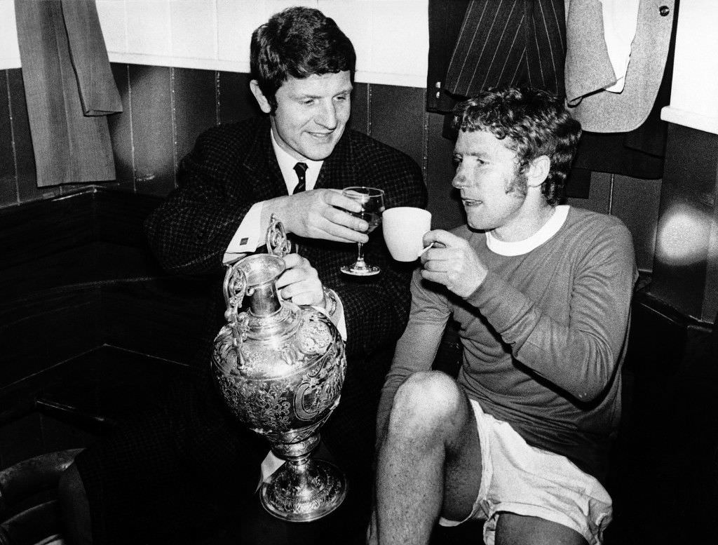 Colchester United’s Ray Crawford and Dave Simmons celebrating victory, 1971.