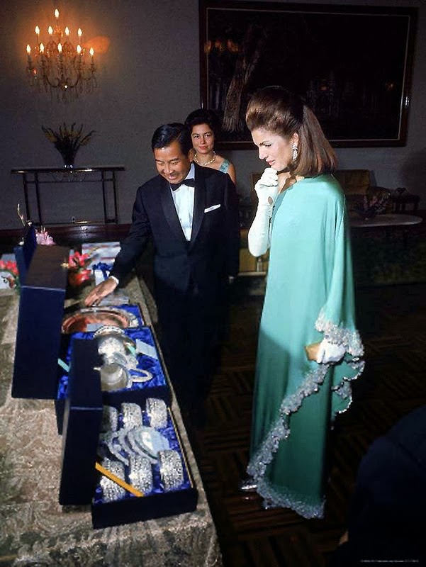 #2 Cambodian Prince Sihanouk and Wife Presenting Jacqueline Kennedy silverware on trip to Cambodia. Nov 1967