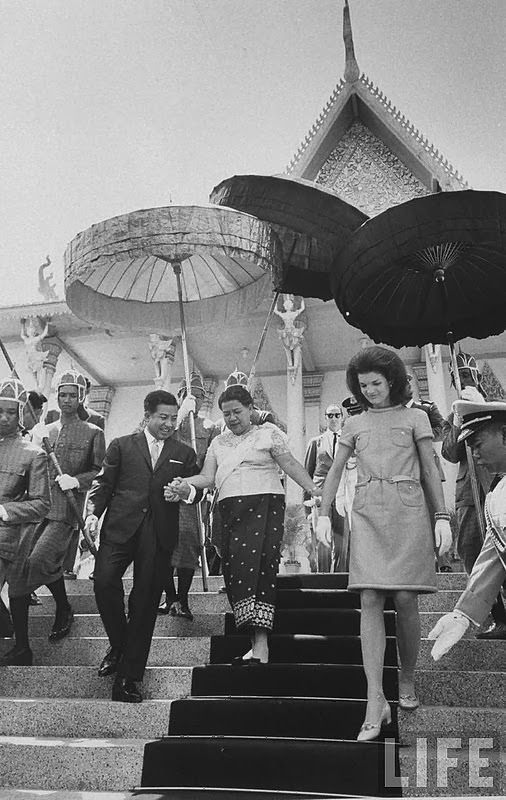 #10 Jackie Kennedy visiting with Prince Norodom Sihanouk and the Queen Mother. Nov 1967