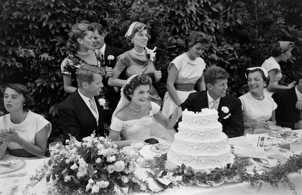 #2 The head table at the Kennedy wedding reception, Newport, Rhode Island, 1953. Robert Kennedy, Jacqueline Kennedy, John F. Kennedy, and Eunice Kennedy Shriver are visible.