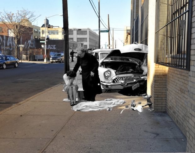#7 The aftermath of a car wreck that took the life of three-year-old Martha Cartagena, who was riding her tricycle when she was struck and killed on Porter Ave. in Brooklyn on April 4th, 1959.