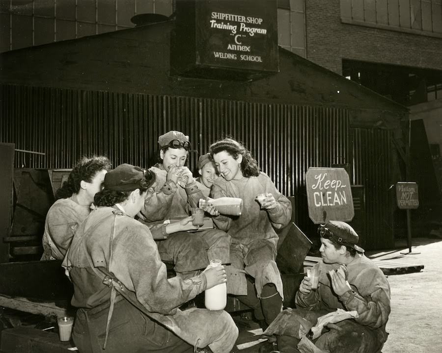 #8 Shipfitters on lunch break at the Brooklyn Navy Yard, 1944.
