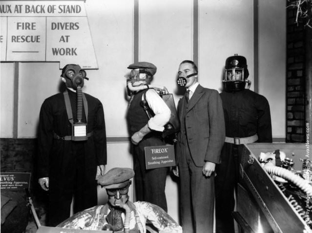 #4 A selection of breathing apparatus at the Shipping and Engineering Exhibition, London, 1930.