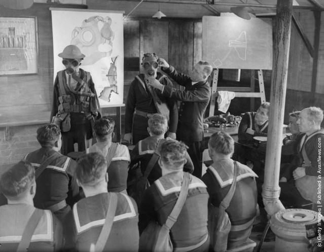 #11 Royal Navy seamen learning gas warfare at the Anti-Gas School, Portsmouth, 1934.