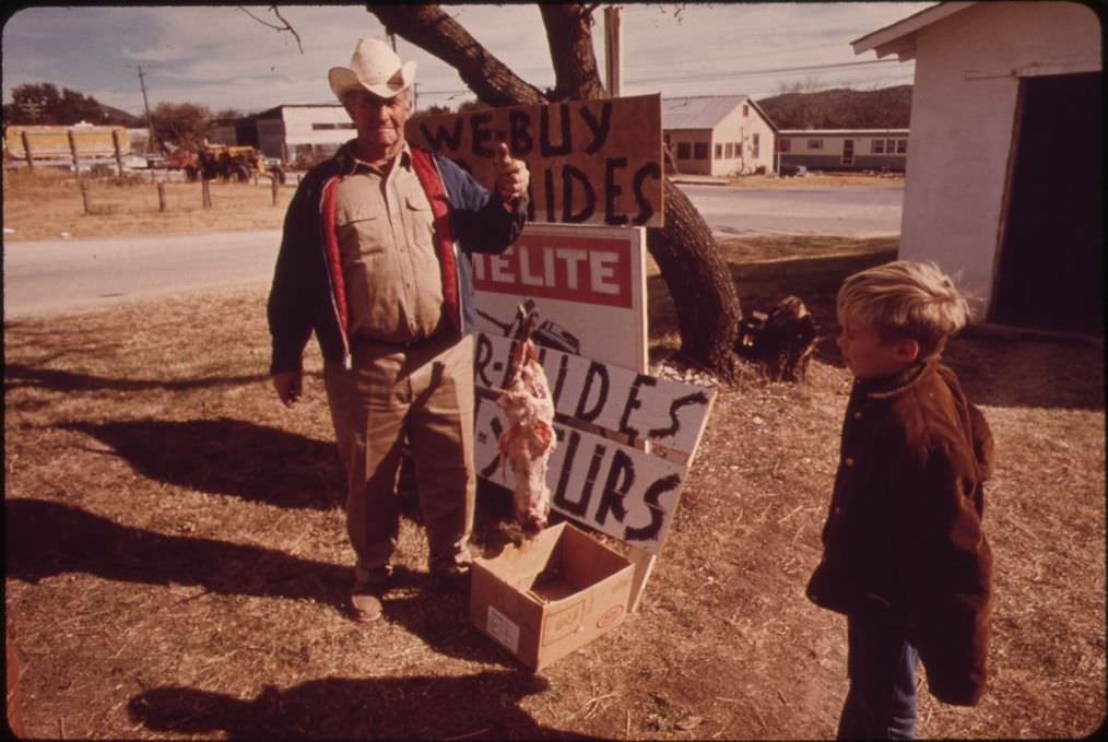 #14 A skinned possum shown by a trapper in Leakey, Texas, near San Antonio, 1973.