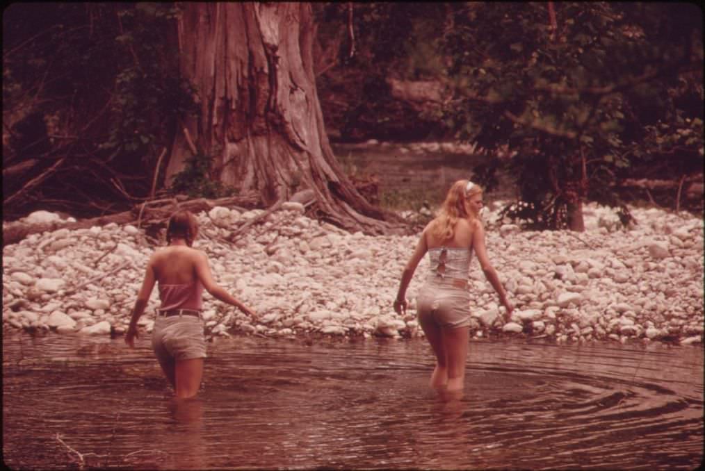 #7 Teenage girls wading in the Frio Canyon River near Leakey, Texas, 1973.