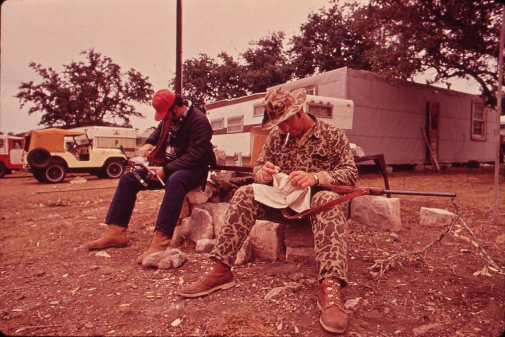 #22 Larry Roming and Frank Stumbaugh at a hunter’s permanent camp, 1972.