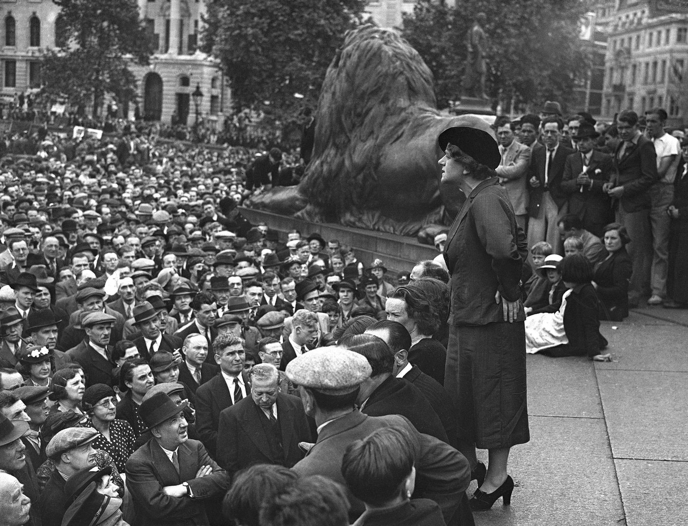 #18 Ellen Wilkinson addressing a demonstration in Trafalgar Square supporting the International Labour Policy on Spain, 1937.