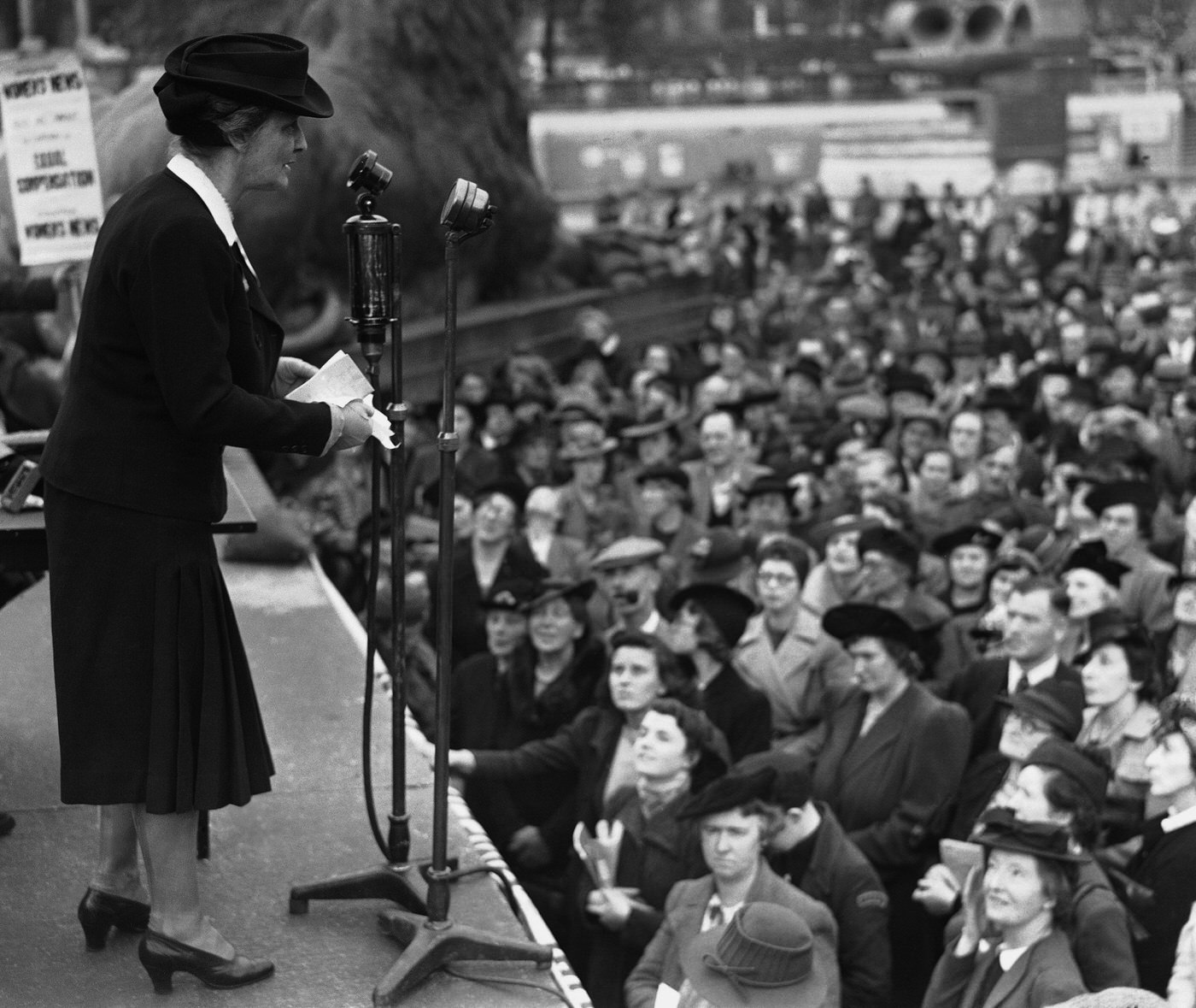#22 Lady Nancy Astor speaking at a Trafalgar Square meeting demanding equal war injury compensation, 1941.