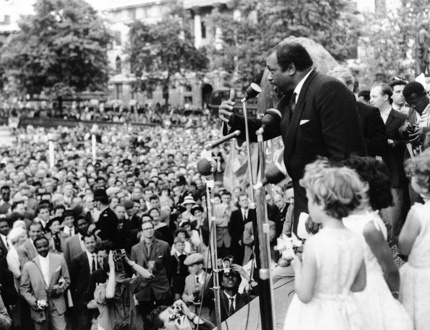 #37 Paul Robeson speaking at an anti-H-bomb demonstration in Trafalgar Square, 1959.