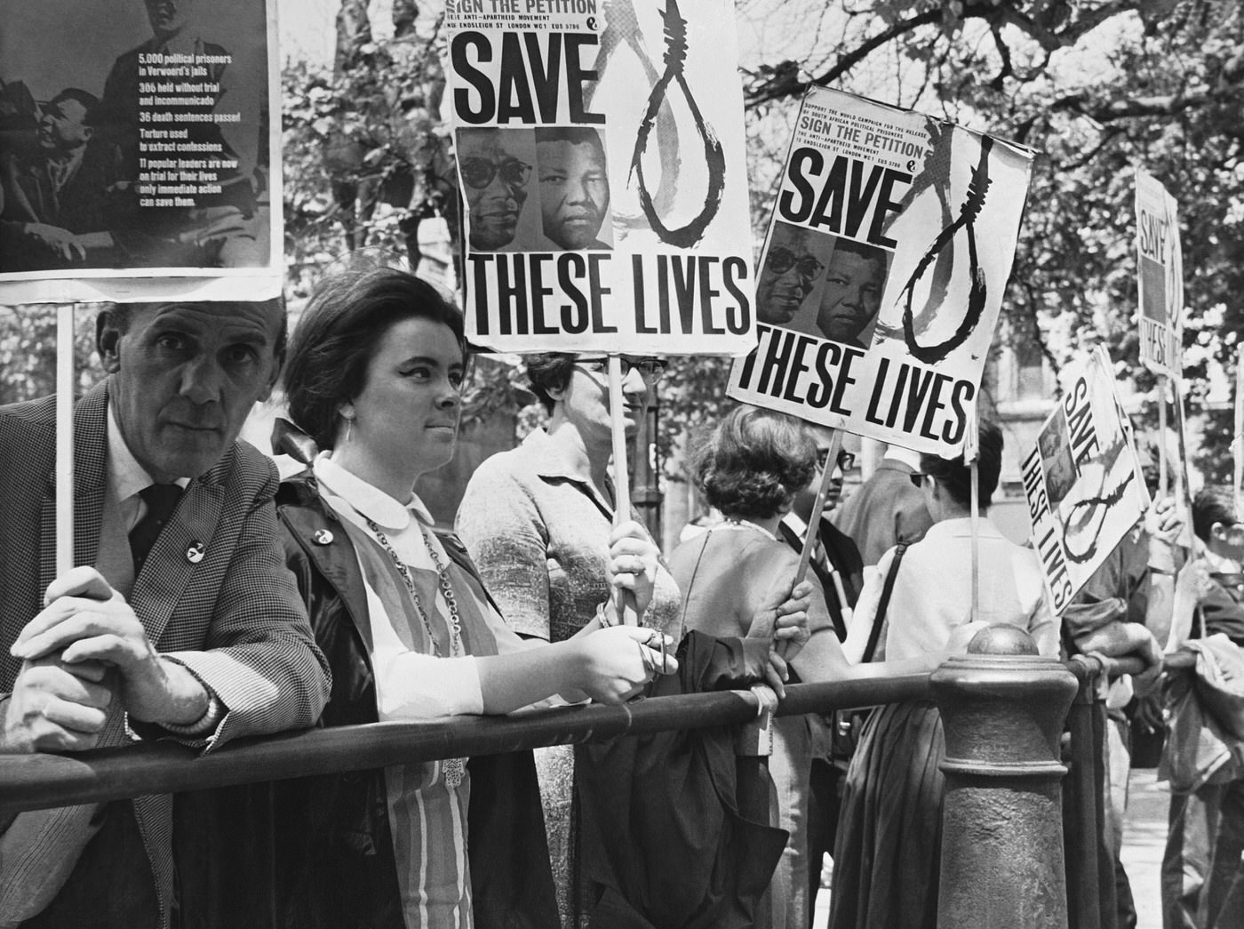 #46 An anti-apartheid demonstration outside the South African Embassy in Trafalgar Square, 1964.