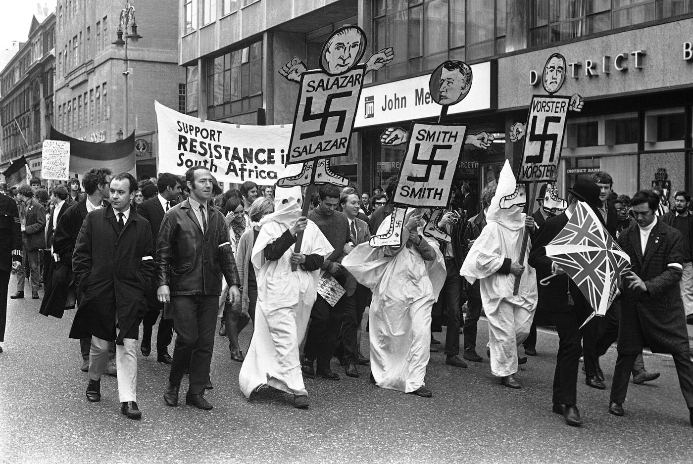 #50 Anti-apartheid demonstrators with Nazi symbols in Trafalgar Square, 1968.
