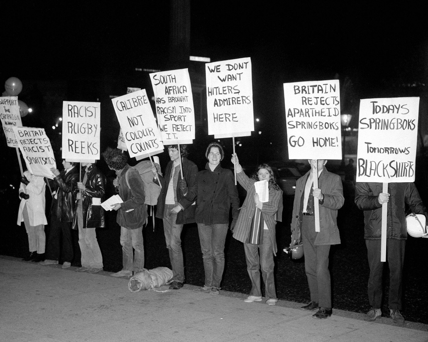 #52 Anti-Apartheid protestors outside the South African Embassy in Trafalgar Square, date unknown.