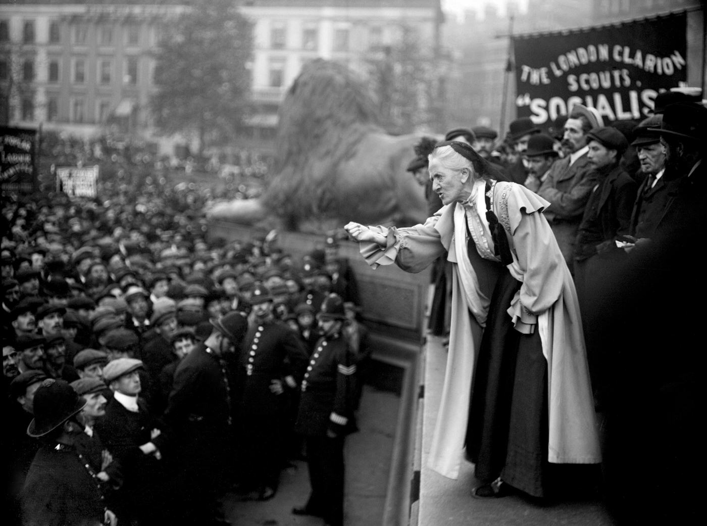 #9 Charlotte Despard speaking to a crowd in Trafalgar Square, 1910.