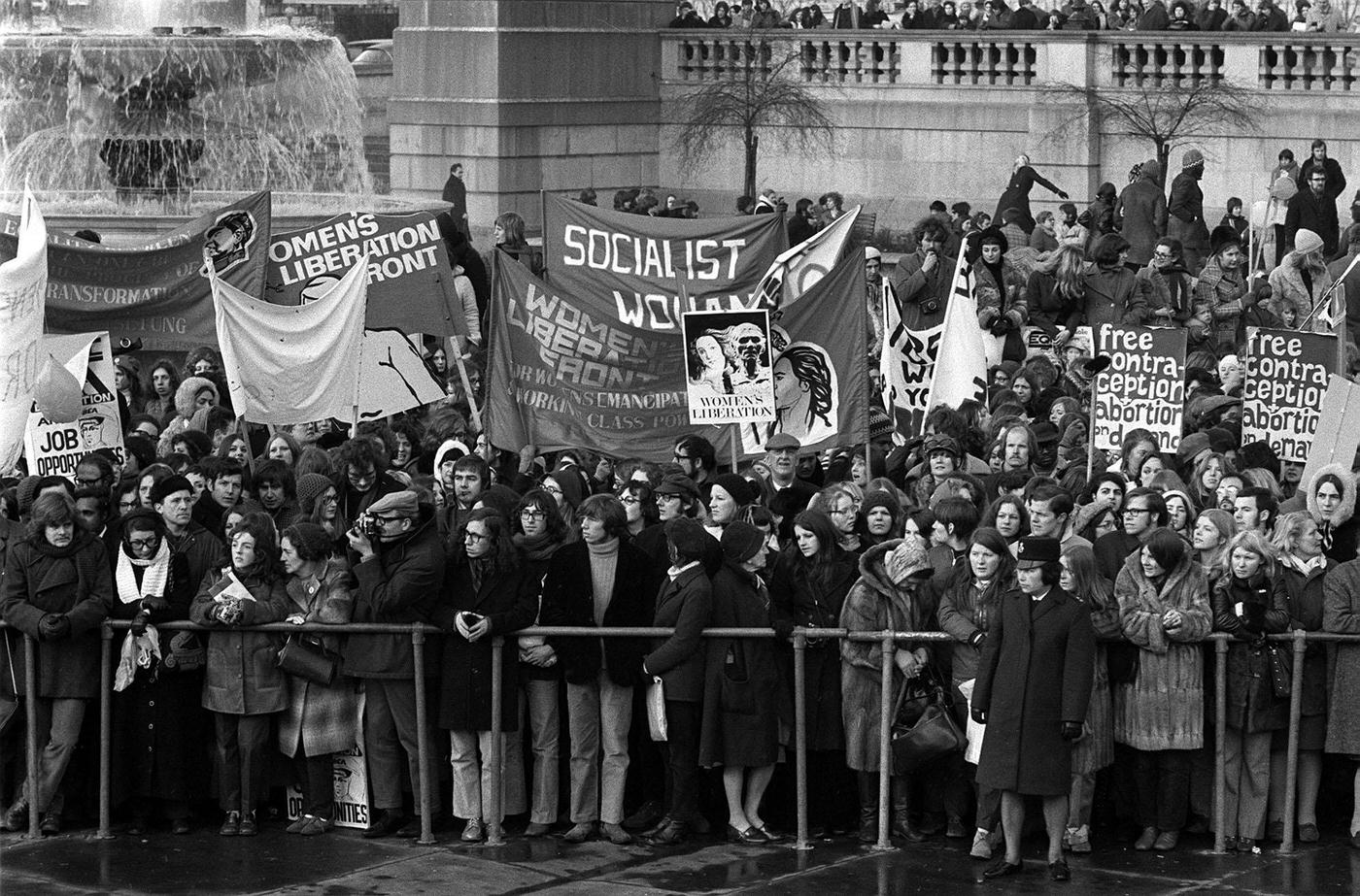 #55 A crowd in Trafalgar Square demanding equal rights for women, 1971.