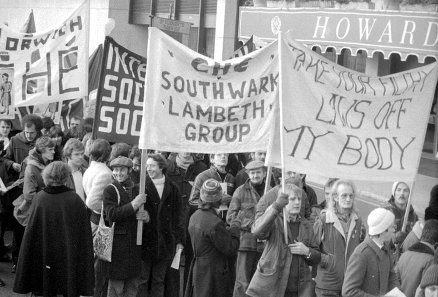 #61 Demonstrators marching to Trafalgar Square for a rally organized by the National Gay News Defence Committee, 1978.