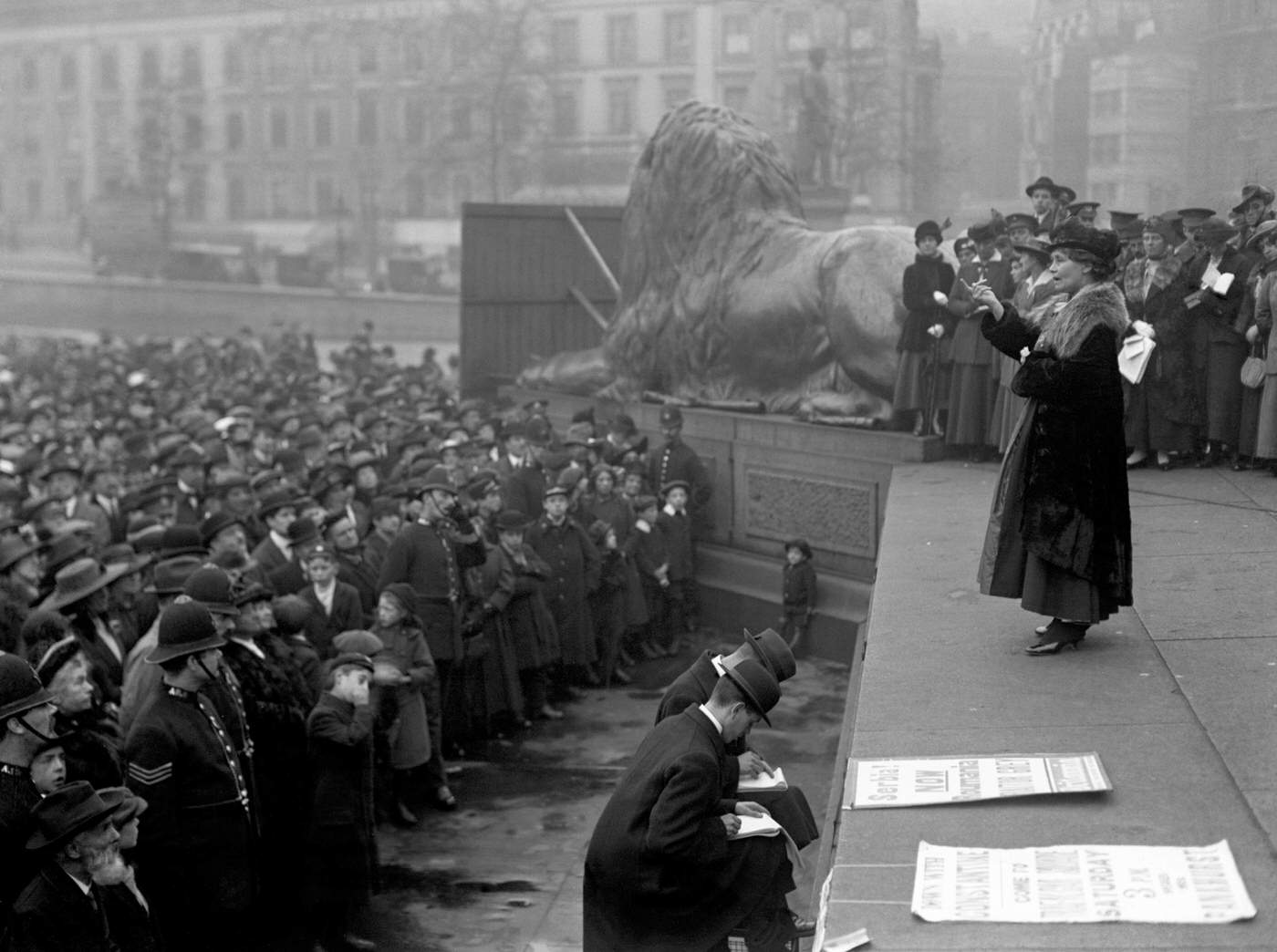 #10 Emmeline Pankhurst and Norah Dacre Fox speaking at a Trafalgar Square meeting on the Rumanian Crisis, 1916.