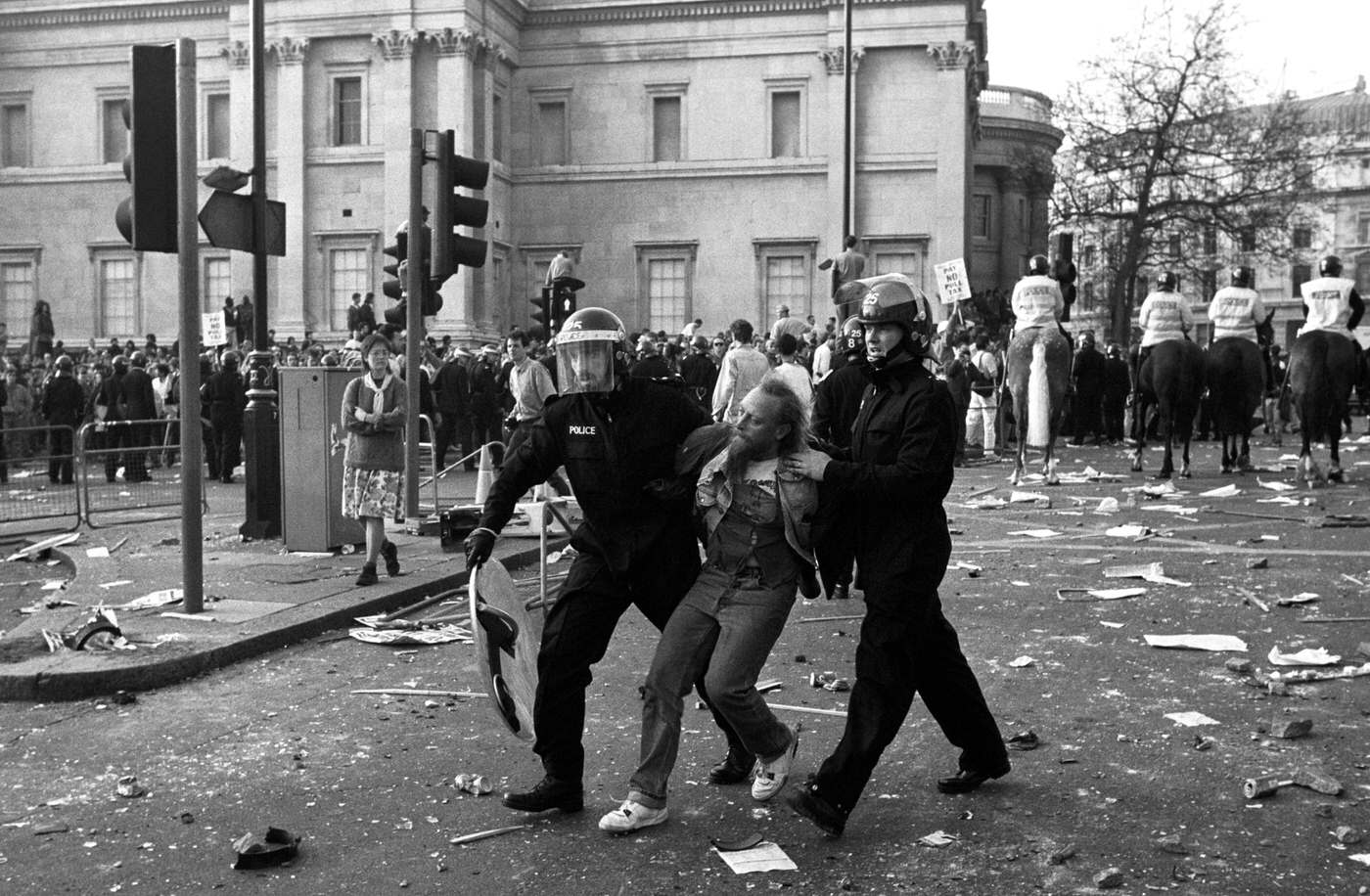 #64 A demonstration against the Poll Tax that turned into a riot in Trafalgar Square, 1990.