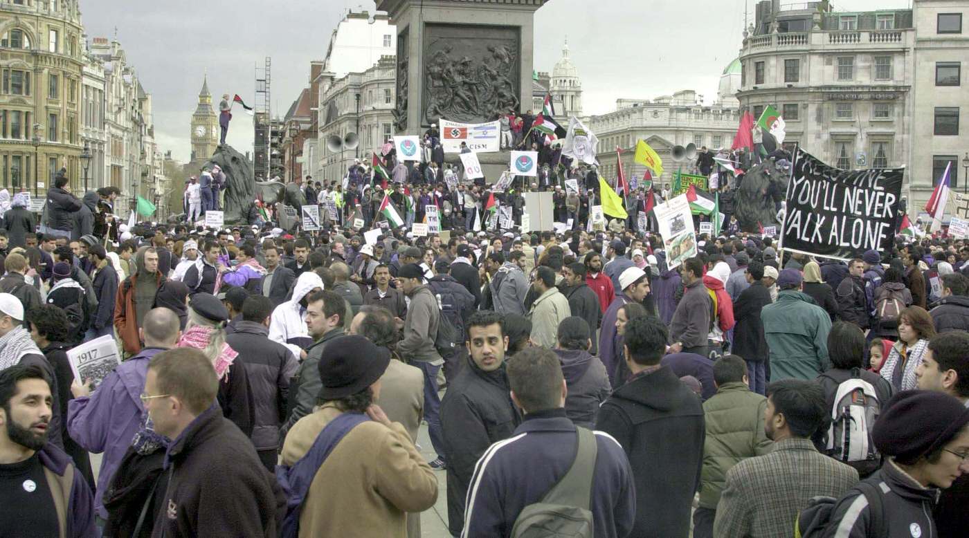 #1 A demonstration by British Muslims protesting Israeli actions against Palestinians, 2002.