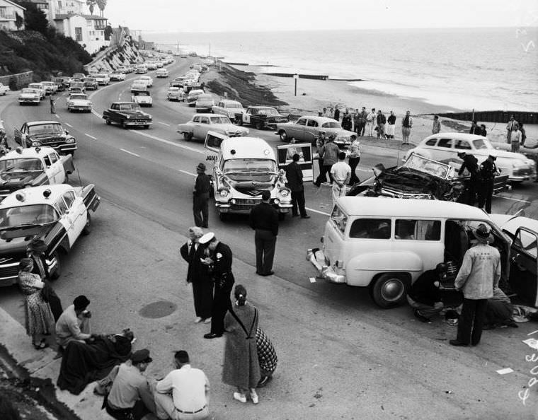 Traffic accident on Pacific Coast Highway, California, 8 March 1958